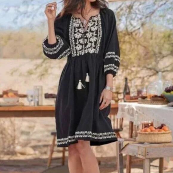 Sundance Josephena Garden Black & White Flower Embroidered Cottagecore Dress - Picture 1 of 13